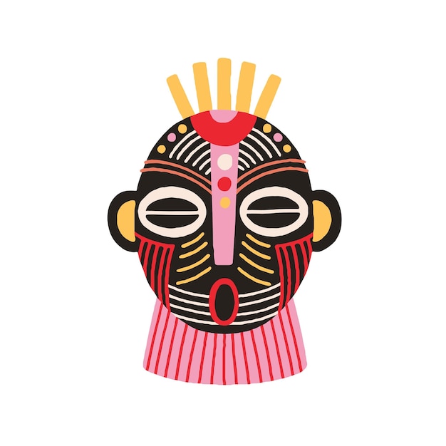 Máscara tribal africana étnica con boca abierta y ojos cerrados. Símbolo o recuerdo ritual antiguo aterrador. Ilustración vectorial plana dibujada a mano aislada sobre fondo blanco. Elemento de imágenes prediseñadas para el diseño.