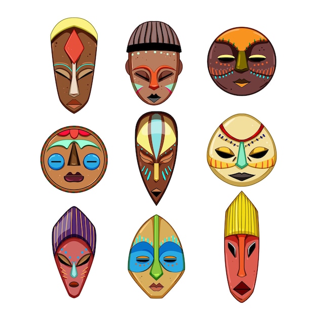 máscara tribal conjunto tótem de dibujos animados cara tiki étnico tropical madera máscara tribal signo símbolo aislado ilustración vectorial