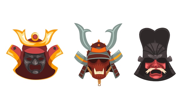 Las máscaras aterradoras con cuernos de los antiguos guerreros con ilustración vectorial de dibujos animados en fondo blanco