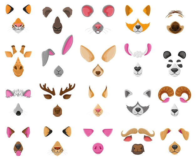 Vector máscaras de caras de animales de selfie o video chat de dibujos animados. orejas y narices divertidas del mapache, del perro, de la cebra y de la cabra vector el conjunto de la ilustración. video chat caras de animales