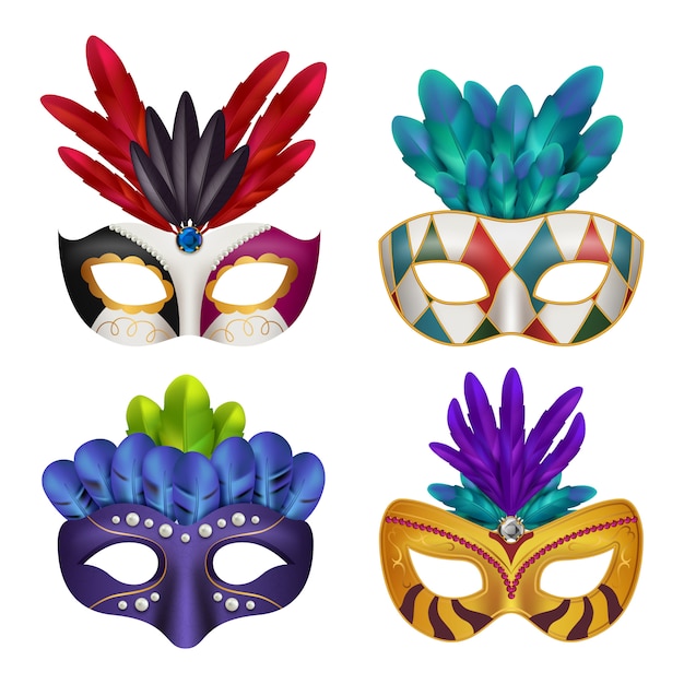 Vector máscaras de carnaval. celebración de la fiesta de disfraces enmascarados realistas imágenes 3d femeninas