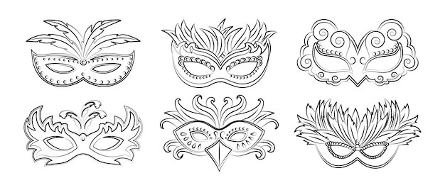 Máscaras de carnaval masquerade, juego de dibujo de contorno. ilustración, boceto para colorear, vector