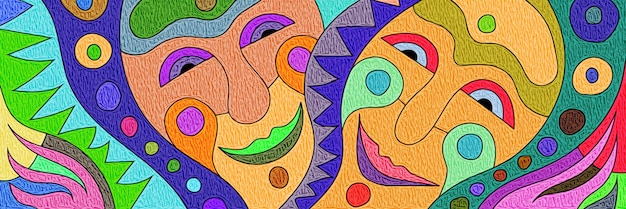 Máscaras divertidas, gente abstracta, payasos, banner vectorial brillante