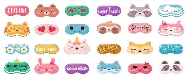 Máscaras para dormir conjuntos vectoriales máscaras para los ojos nocturnas con caras divertidas y diseños acogedores para dormir