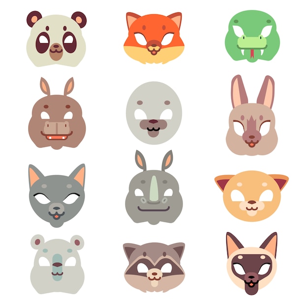 Vector máscaras faciales de animales de carnaval en estilo plano