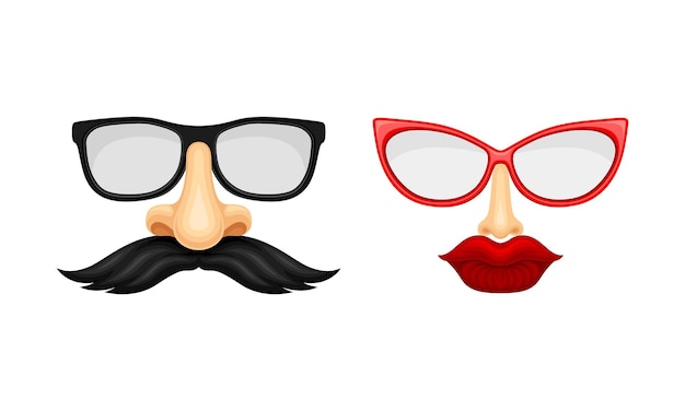 Máscaras faciales de carnaval o fiesta con gafas, bigote y labios. Ilustración vectorial de dibujos animados