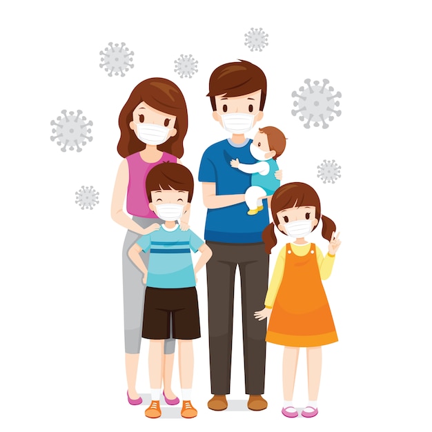 Máscaras faciales con familia para prevenir la enfermedad por coronavirus, virus Covid-19 y contaminaciones, protección de la salud