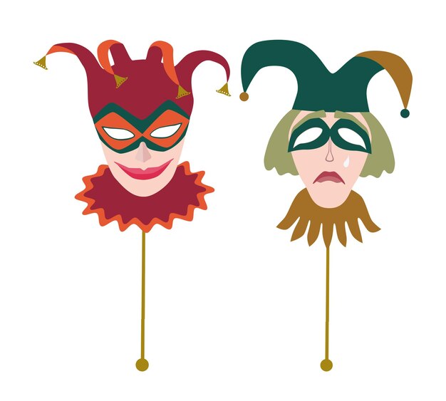 Máscaras de mascarada venecianas máscaras tristes y felices arlequines ilustración vectorial aislada en blanco