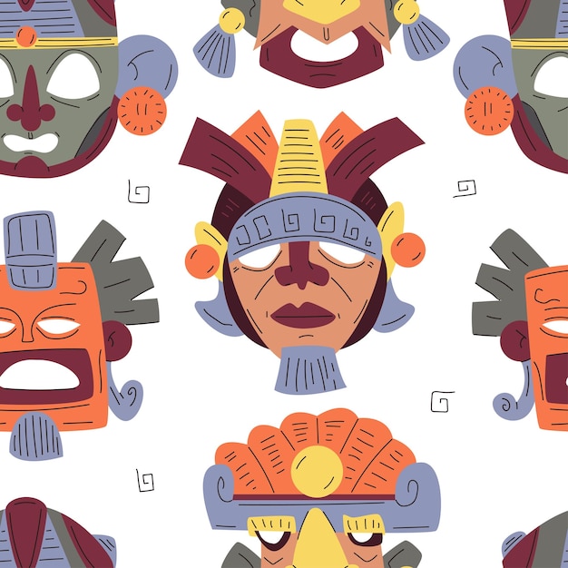 Máscaras mayas de dibujos animados vectoriales fondo de patrón sin costuras para envolver papel tapiz embalaje y telón de fondo