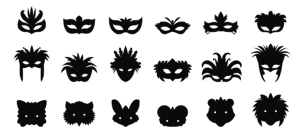 Máscaras negras siluetas iconas de máscaras aisladas conjunto accesorios de mascarada símbolos de festivales de carnaval brasileño o veneciano conjunto vectorial decente