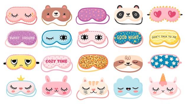 Máscaras para soñar. máscara de noche con lindos ojos de niña, frases para dormir, caras de panda, oso y gato. máscara de animales de dibujos animados para el conjunto de vectores de impresión de pijama. elementos de ropa de dormir para descansar y relajarse.