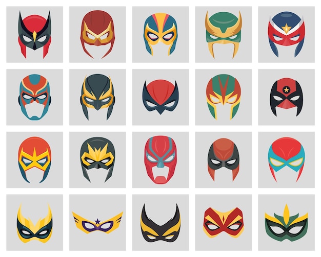 Máscaras de superhéroes vectoriales configuradas en el estilo plano de la cara del personaje Máscara de cómic de superhéroe