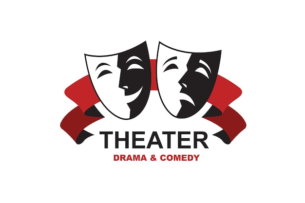 máscaras teatrales de comedia y tragedia con cinta aislada sobre fondo blanco