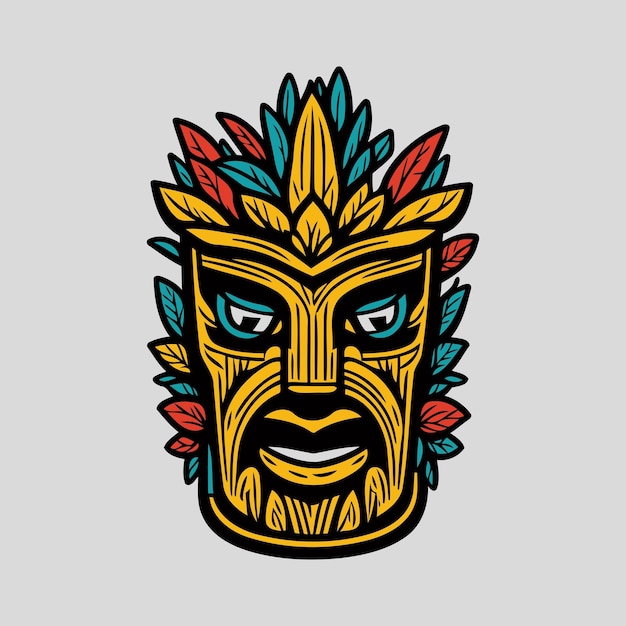 Vector máscaras de tiki con caras aterradoras y boca dentada decorada con hojas ídolos de tiki aislados