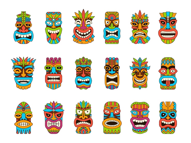 Vector máscaras tiki tótem tribal de hawaii símbolos de madera tradicionales africanos ilustraciones de máscara de color