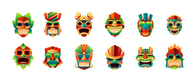 Máscaras tiki Tradicional maya azteca ritual aborigen tótems tribales zulú polinesio mexicano indio ceremonial ídolos dibujos animados étnico cara enmascaramiento Vector conjunto plano