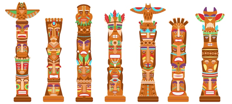 Vector máscaras tótems hawaii tiki tótems antiguos símbolos mitológicos indígenas americanos máscaras tribales dibujos animados vector indio nativo esculturas de tiki hawaii polo tótem máscara ilustración tribal