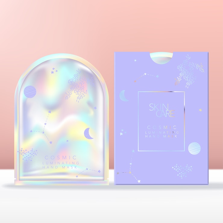 Mascarilla facial, de manos o pies con bolsa holográfica, bolsita o paquete. Funda de papel con láminas holográficas.