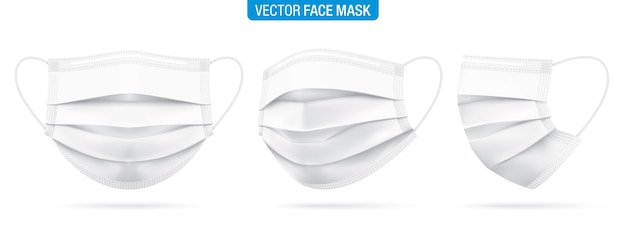 Mascarilla facial médica blanca en una vista frontal, tres cuartos y lateral. Conjunto de máscara protectora de virus corona