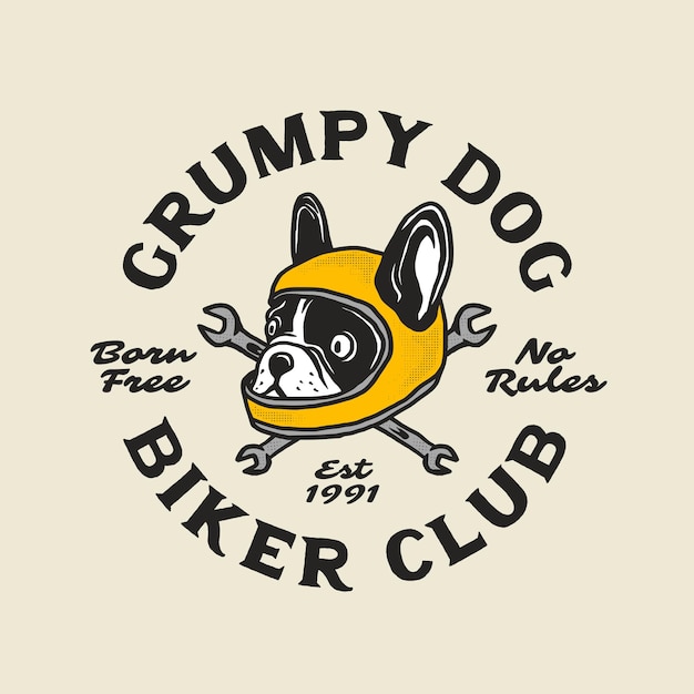 Mascot dog hand drawn vintage style of motorcycle and garage logo badge