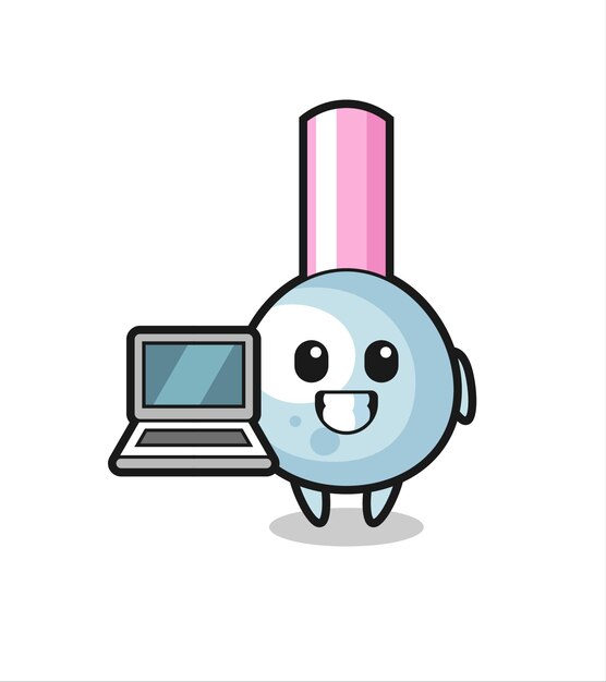 Mascot Ilustración de bastoncillo de algodón con una computadora portátil
