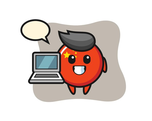 Mascot Ilustración de la insignia de la bandera china con una computadora portátil