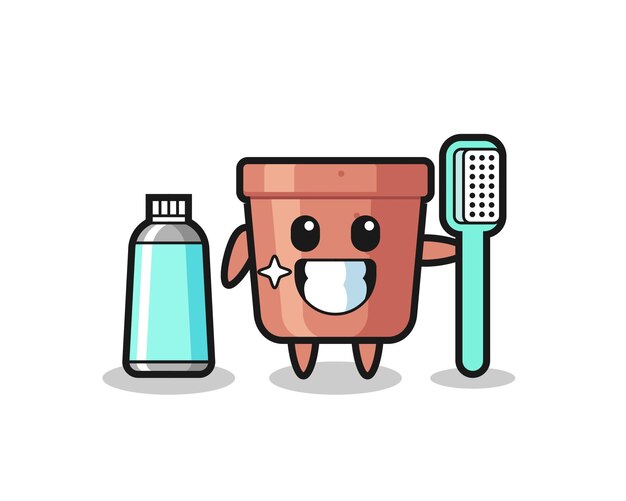 Vector mascot ilustración de maceta con un cepillo de dientes