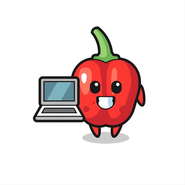 Mascot ilustración de pimiento rojo con una computadora portátil