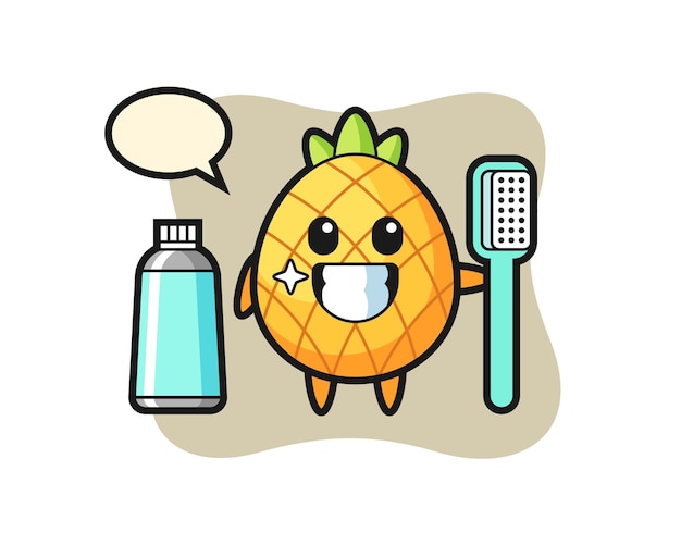 Mascot ilustración de piña con un cepillo de dientes