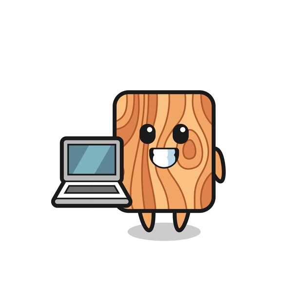 Mascot Ilustración de tablón de madera con una computadora portátil