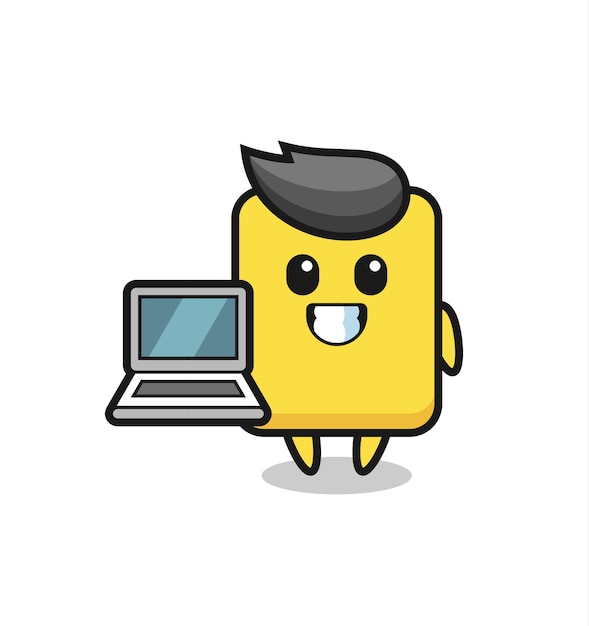 Mascot Ilustración de tarjeta amarilla con una computadora portátil