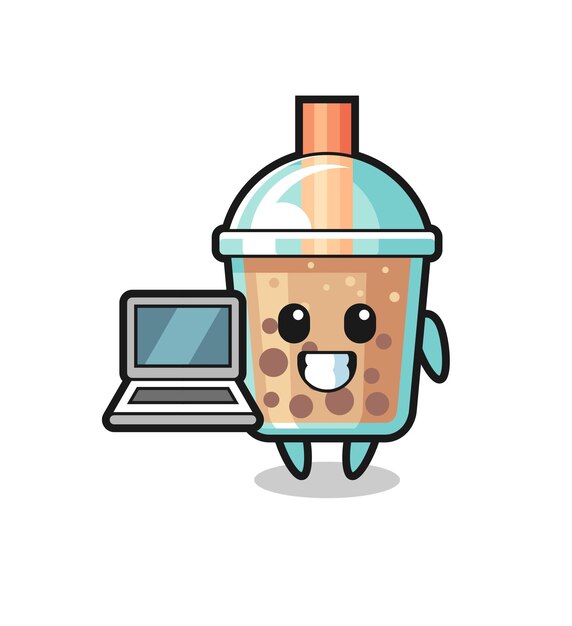 Mascot Ilustración de té de burbujas con una computadora portátil
