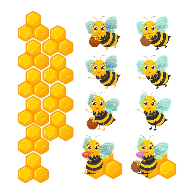 La mascota de la abeja de dibujos animados con una olla llena de miel