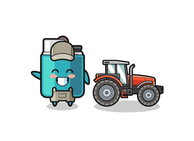 La mascota del agricultor más ligero parada al lado de un tractor