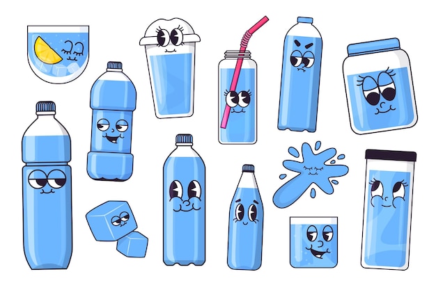 Vector mascota de agua, caricatura, bebida, agua, concepto, con, eco, amigable, botella de agua, caracteres, cero, desperdicio, jarra de agua, desintoxicación, bebida natural, bebida saludable, vector, conjunto, de, carácter, botella, con, limón, ilustración