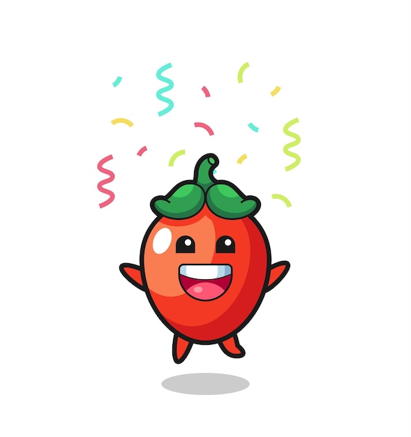 Mascota de ají feliz saltando para felicitaciones con confeti de color