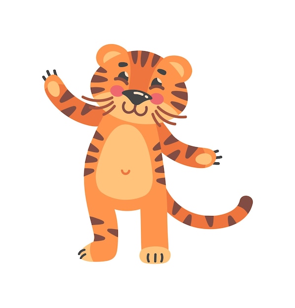 Mascota de año nuevo. bailando, sonriente, tigre, vector, ilustración