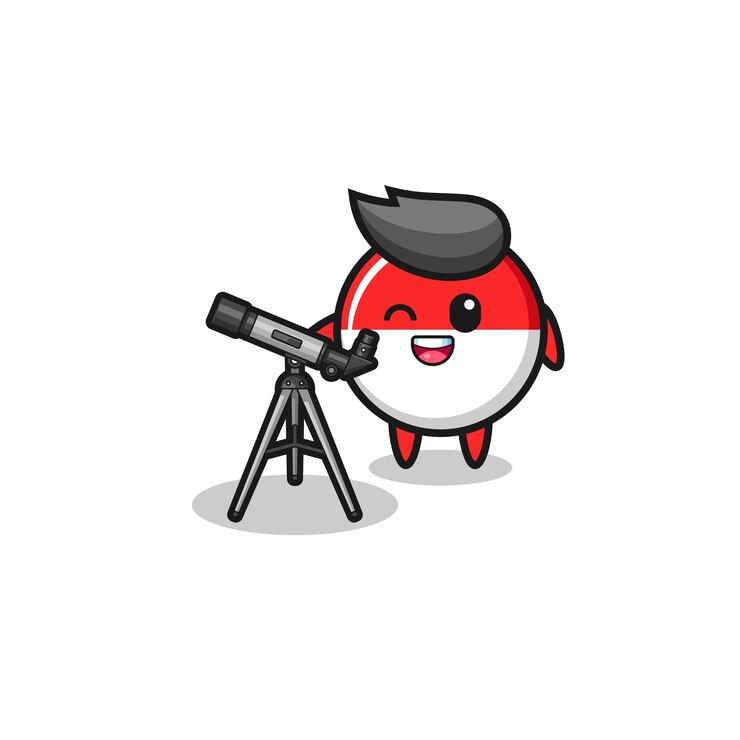 Vector mascota del astrónomo de la bandera de indonesia con un telescopio moderno, diseño lindo