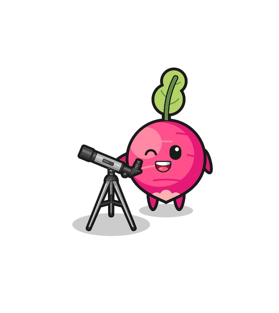 Mascota de astrónomo de rábano con un diseño lindo de telescopio moderno
