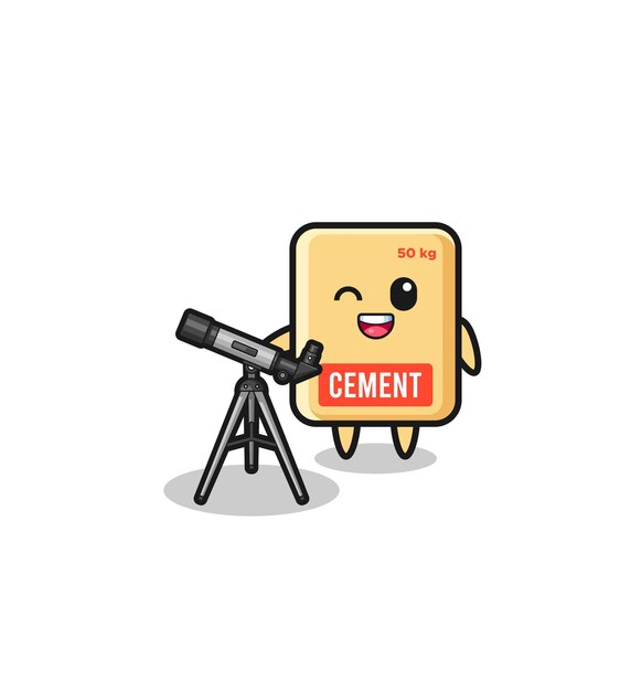 Mascota de astrónomo de saco de cemento con un telescopio moderno