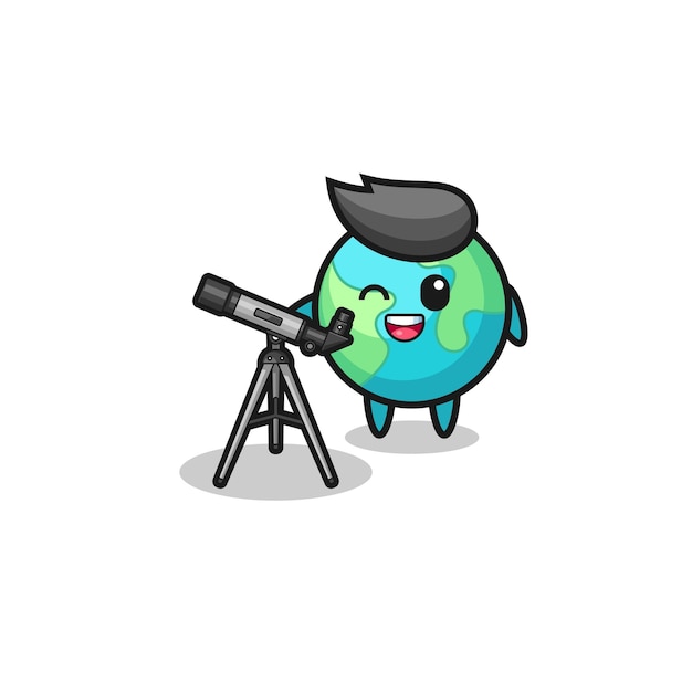 Mascota de astrónomo de la Tierra con un diseño lindo de telescopio moderno