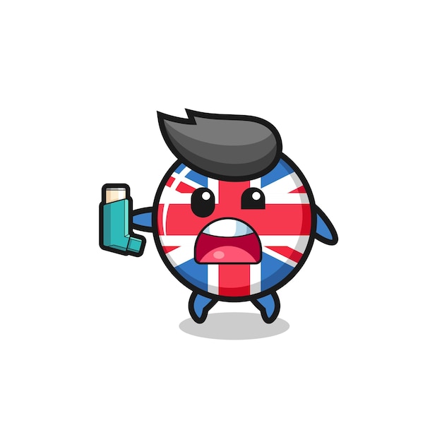 Vector mascota de la bandera del reino unido que tiene asma mientras sostiene el inhalador, diseño lindo