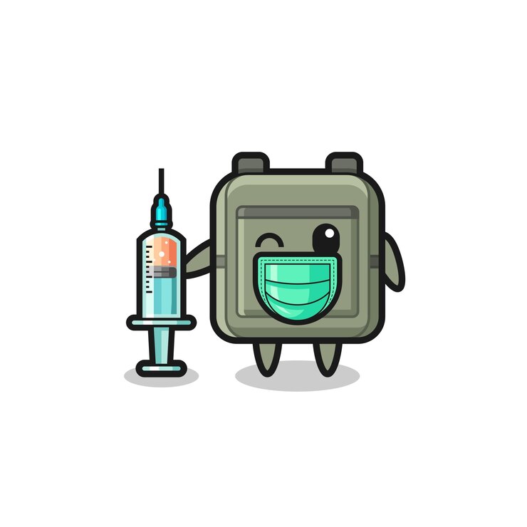 Vector mascota del bolso escolar como vacunador