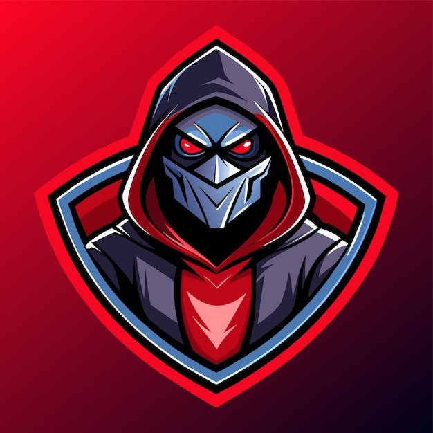 Una mascota de caballero oscuro amenazante con ojos rojos y una capucha diseñada para logotipos deportivos y de esports mascota hacker para logotipo de deportes y esports