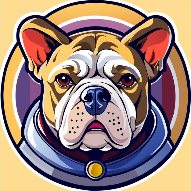 Mascota de cabeza de bulldog dibujada a mano plana con estilo adhesivo de dibujos animados icono concepto ilustración aislada