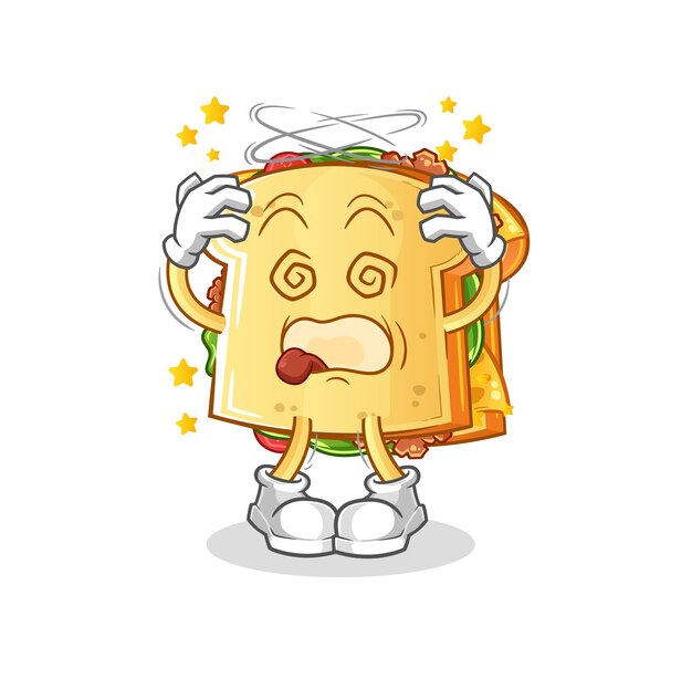 Mascota de cabeza mareada sándwich. vector de dibujos animados
