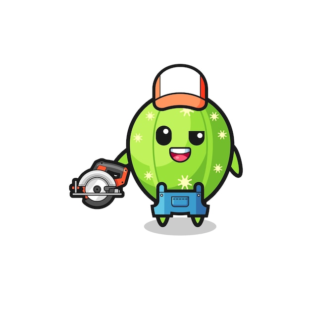 La mascota del cactus carpintero sosteniendo una sierra circular, diseño lindo