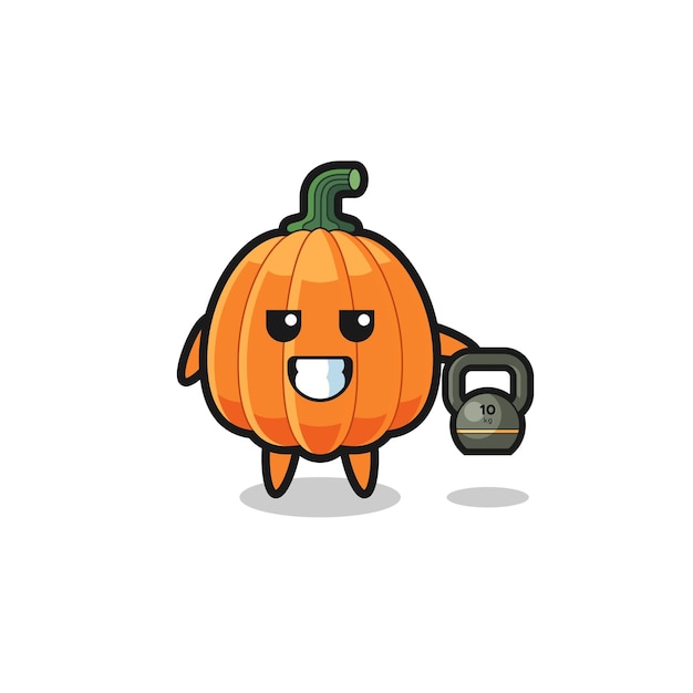 Mascota de calabaza levantando pesas rusas en el gimnasio