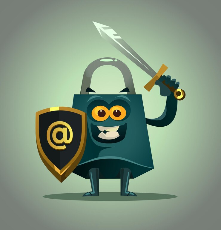 Vector mascota de carácter de bloqueo fuerte lista para proteger datos personales.