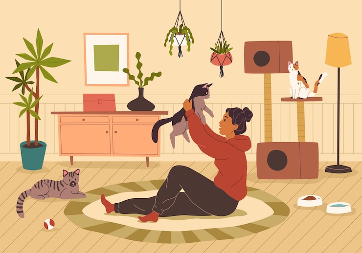 Vector mascota en casa. mujer joven con diferentes gatos en el acogedor interior de la casa, dueña sonriente con gatitos felices, niña cuida y juega con mascotas. lindos animales domésticos en la sala de estar moderno concepto de vector de dibujos animados